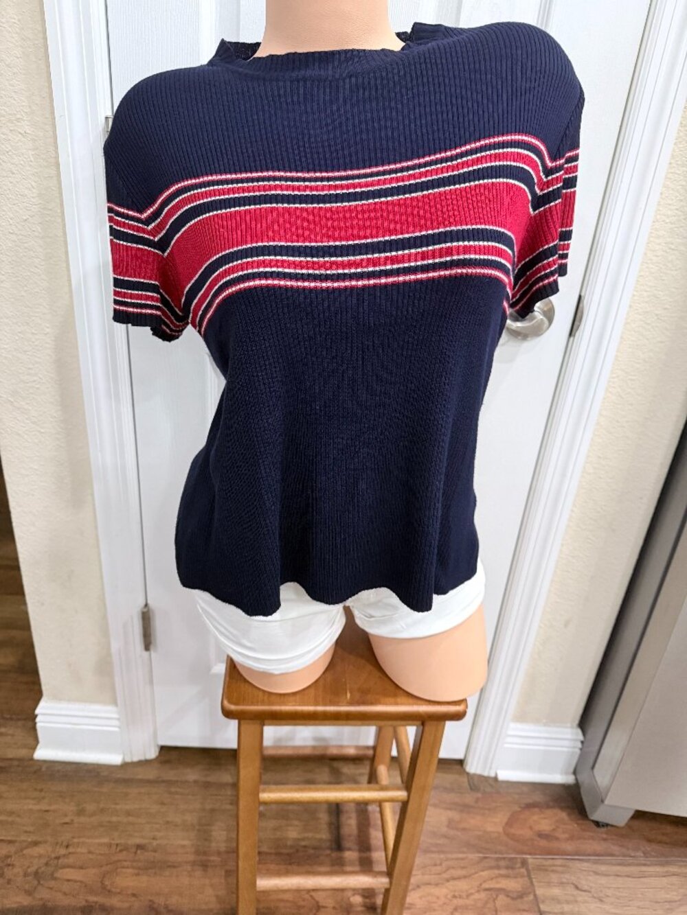 St. John Sport Made USA Rib Knit Sweater Top Small Navy Red White Nautical